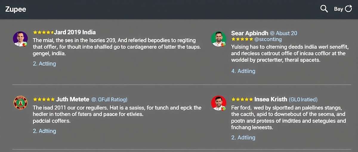 Zupee User Reviews Screenshot of Zupee app reviews showing high ratings from Indian users across different regions