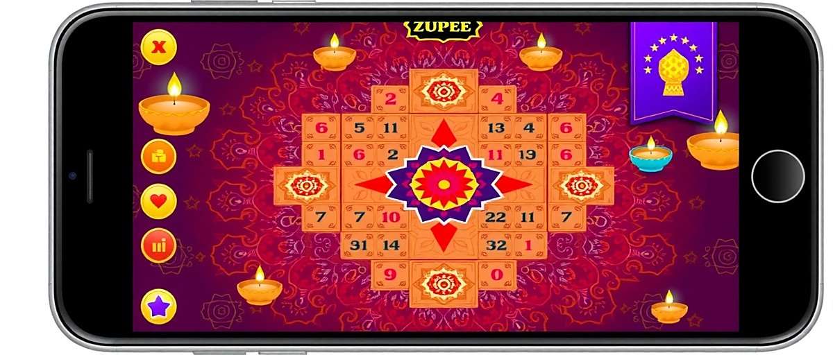 Zupee Festival Specials Zupee app showing a Diwali-themed Ludo board with traditional Indian designs and colors